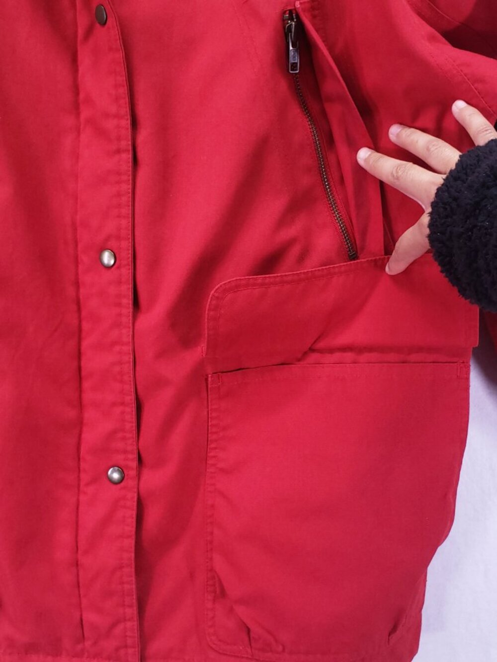London Fog Women’s Parka Rain Coat Size 10 Red Full Zip Blue Hood Short Length - Picture 6 of 15